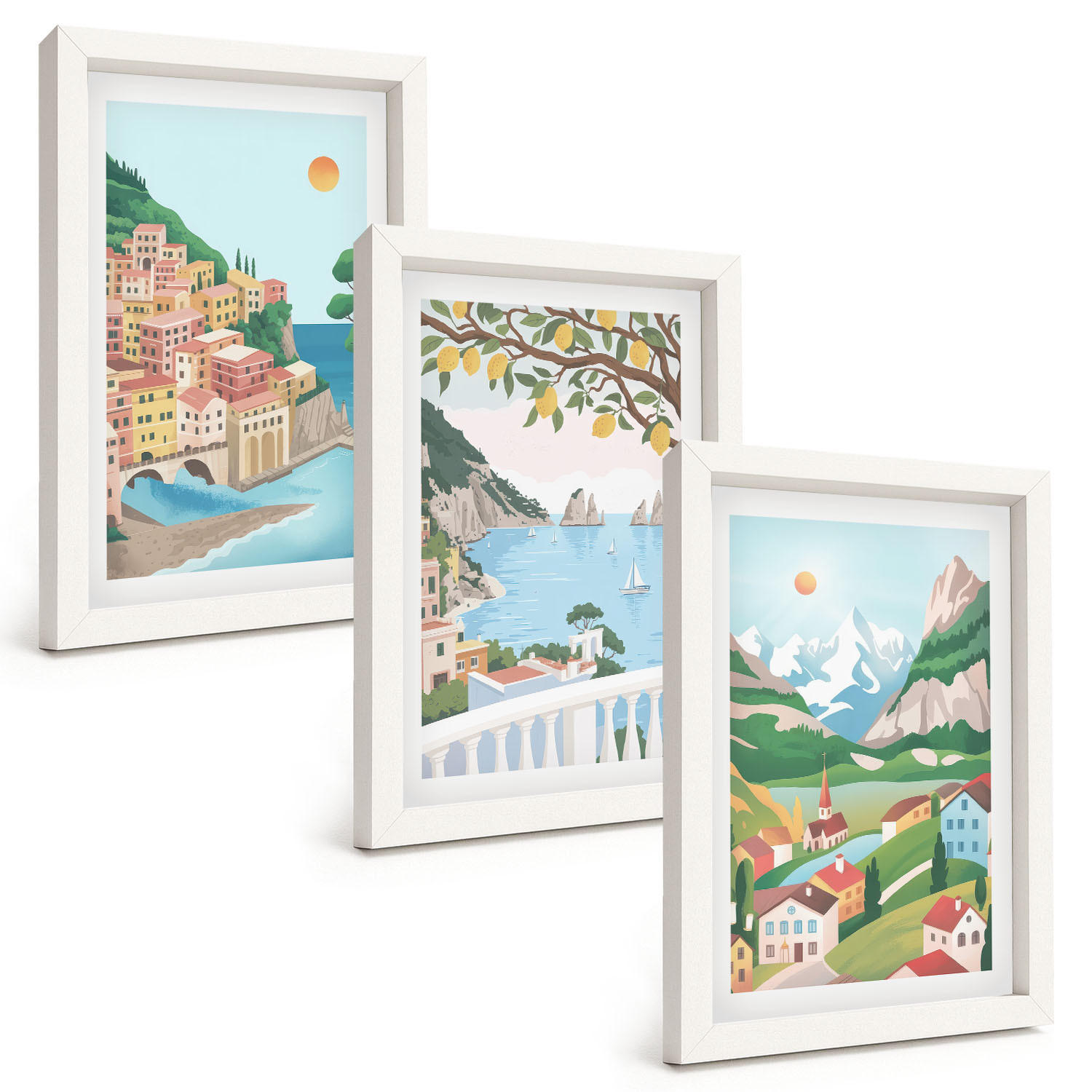 BILDER SET 3er Set - 20x30 cm Weißer Rahmen - Pastellfarbene Küstenansichten - Weiß, Kunststoff (20/30cm) - TULUP