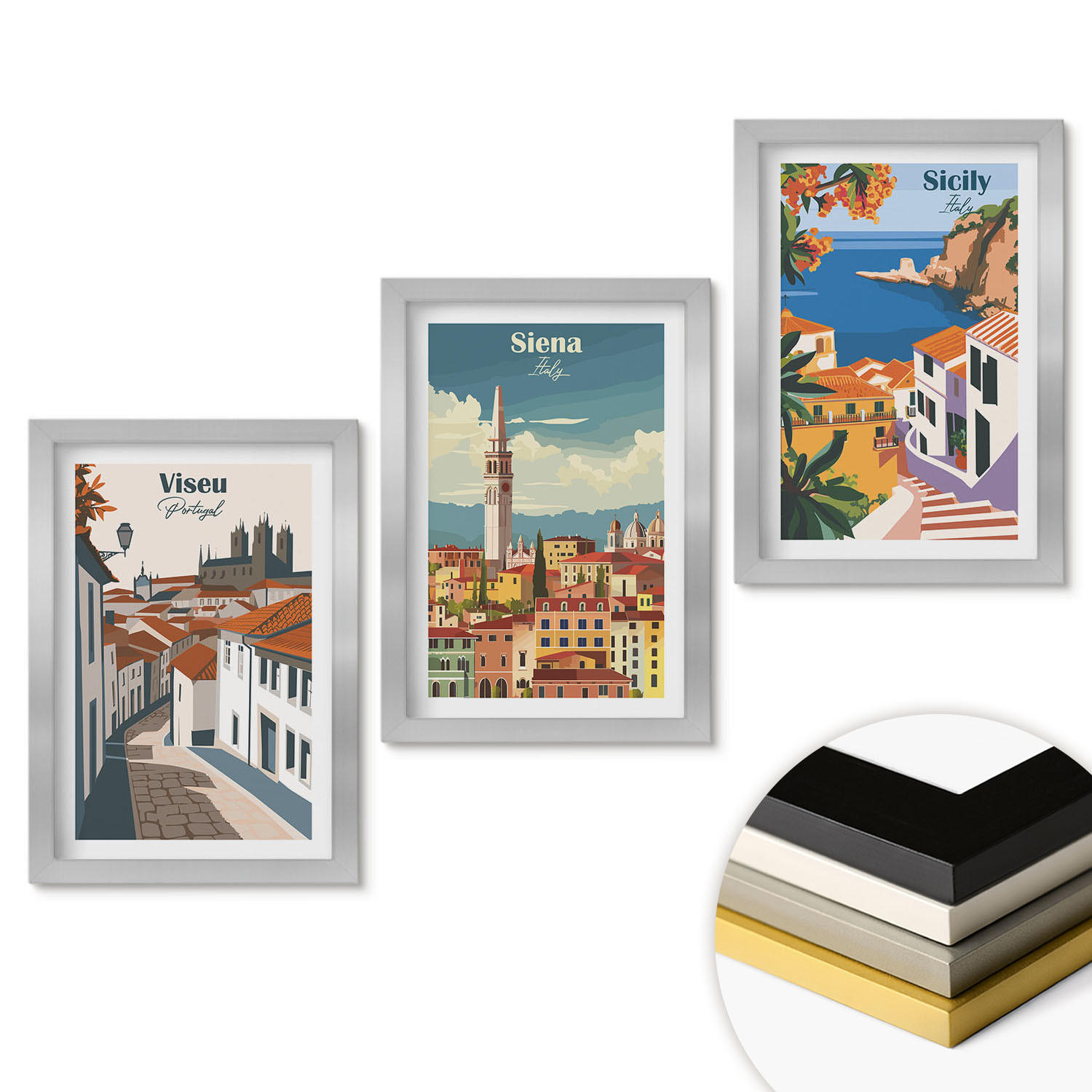 WANDBILDER 3er Set - 20x30 cm Silberner Rahmen - Retro-Illustrationen von Weltstädten - Silberfarben, Kunststoff (20/30cm) - ArtPrintCave