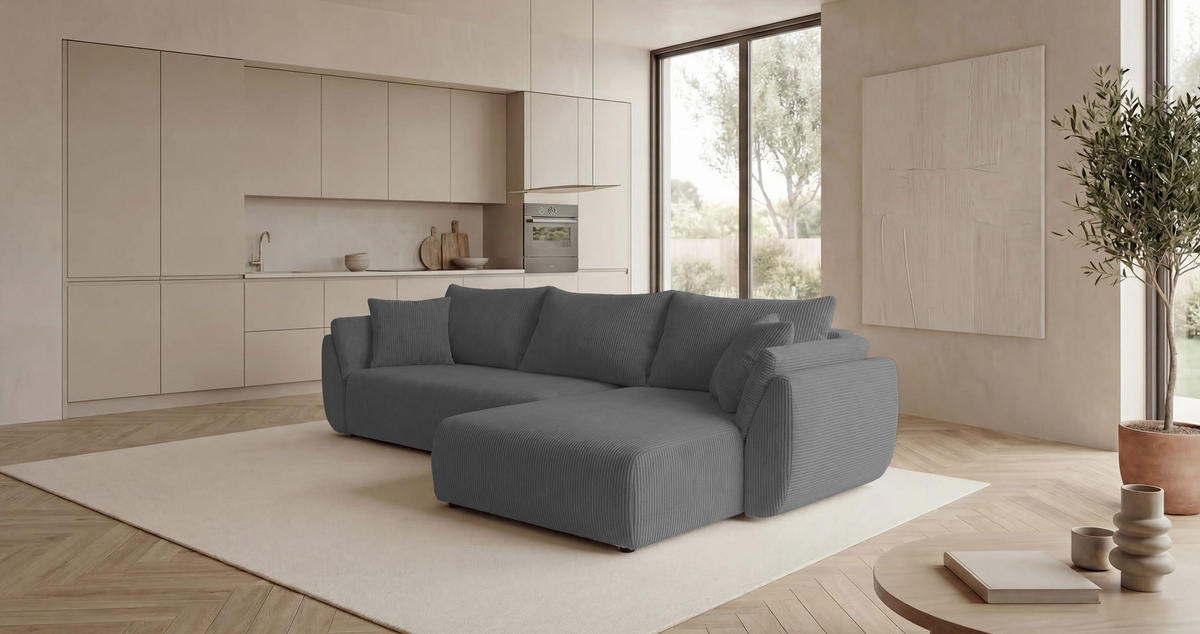 ECKSOFA SYDNEY rechts grau Cord Poso 55 - Schlaffunktion, Bettkasten - Grau, Textil (174/280cm) - Cornero