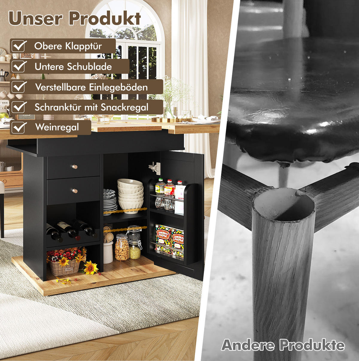 ESSTISCH aus MDF 110-140x80x75 cm Schwarz/Natur mit Auszug, Stauraum und Snack-/Weinregalen - Schwarz, Holzwerkstoff (110/80/75cm) - Modfu