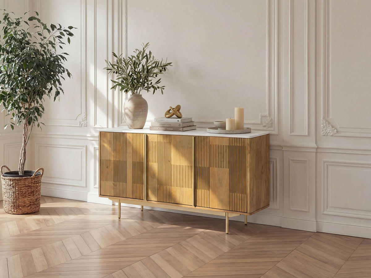 SIDEBOARD Mango 150x40x80 hellbraun geölt / Marmor weiß MIAMI #101 - Braun, Holz (150/80/40cm) - Massivmoebel24
