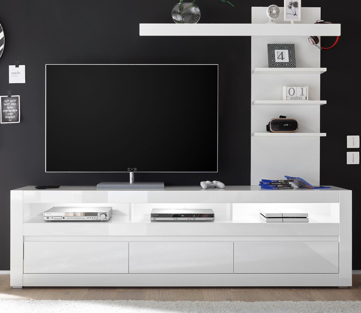 LOWBOARD Hochglanz weiß, Set 2-tlg. inklusive Paneel, TV Unterschrank Soft-Close - Weiß Hochglanz/Weiß, Holzwerkstoff/Kunststoff (217/163/42cm) - Furn.Design