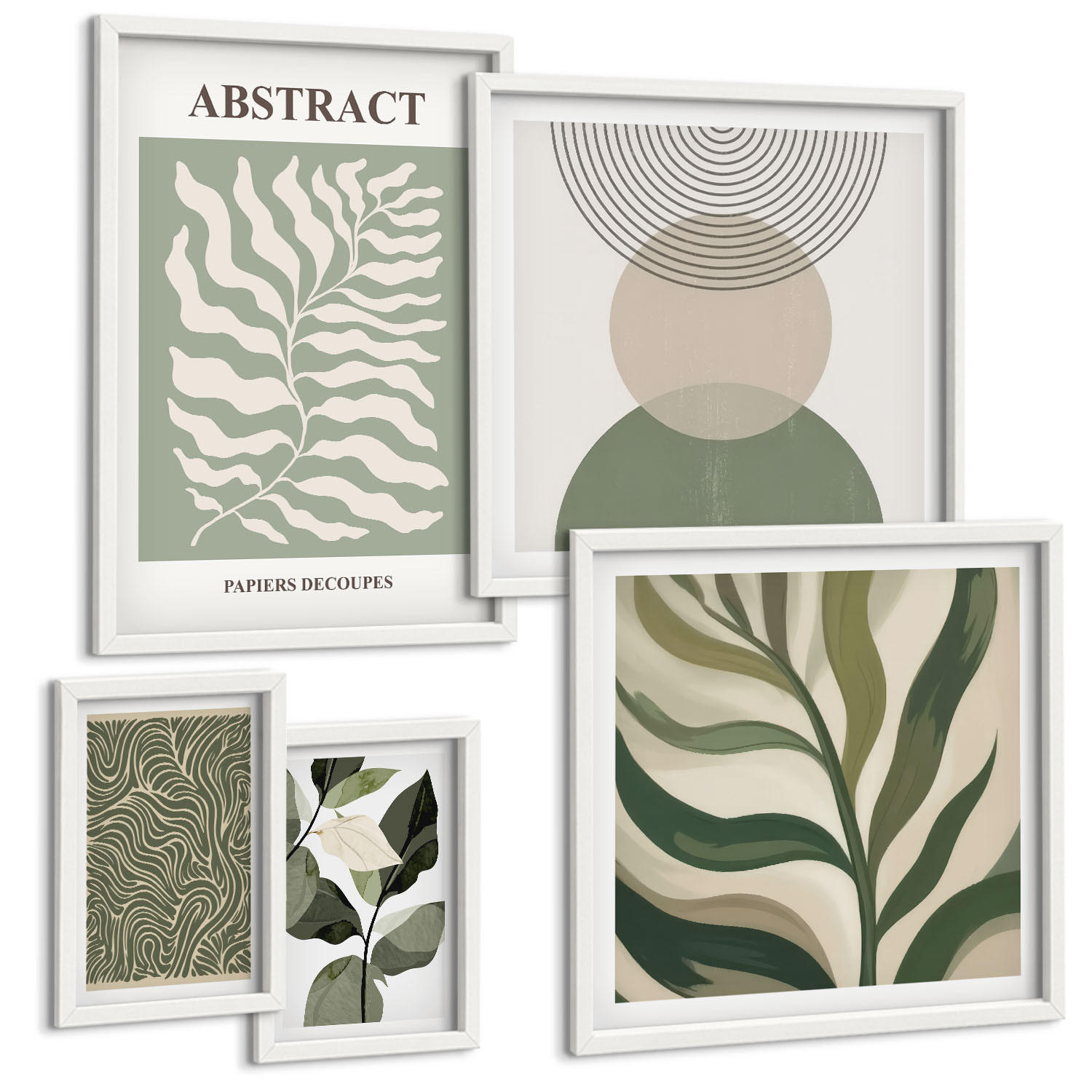 BILDER SET 5er Set - 50x50 cm & 20x30 cm & 40x60 cm Weißer Rahmen - Blätter geometrische Formen abstrakt - Weiß, Kunststoff (40/60cm) - TULUP