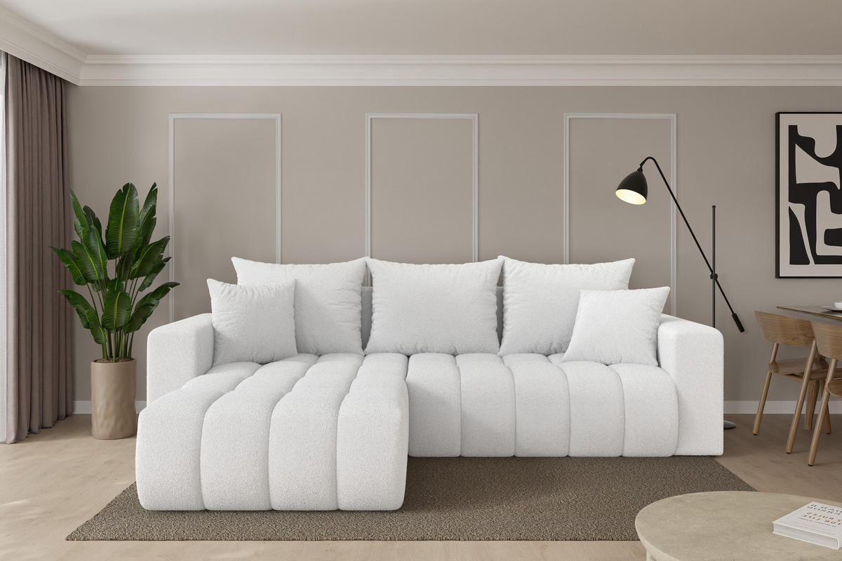 ROHOVÁ SEDAČKA s funkcí spaní, otoman vlevo MILA-L-v1 277x195x86 bílá bouclé - bílá/černá, kompozitní dřevo/textil (277/194cm) - ALTDECOR