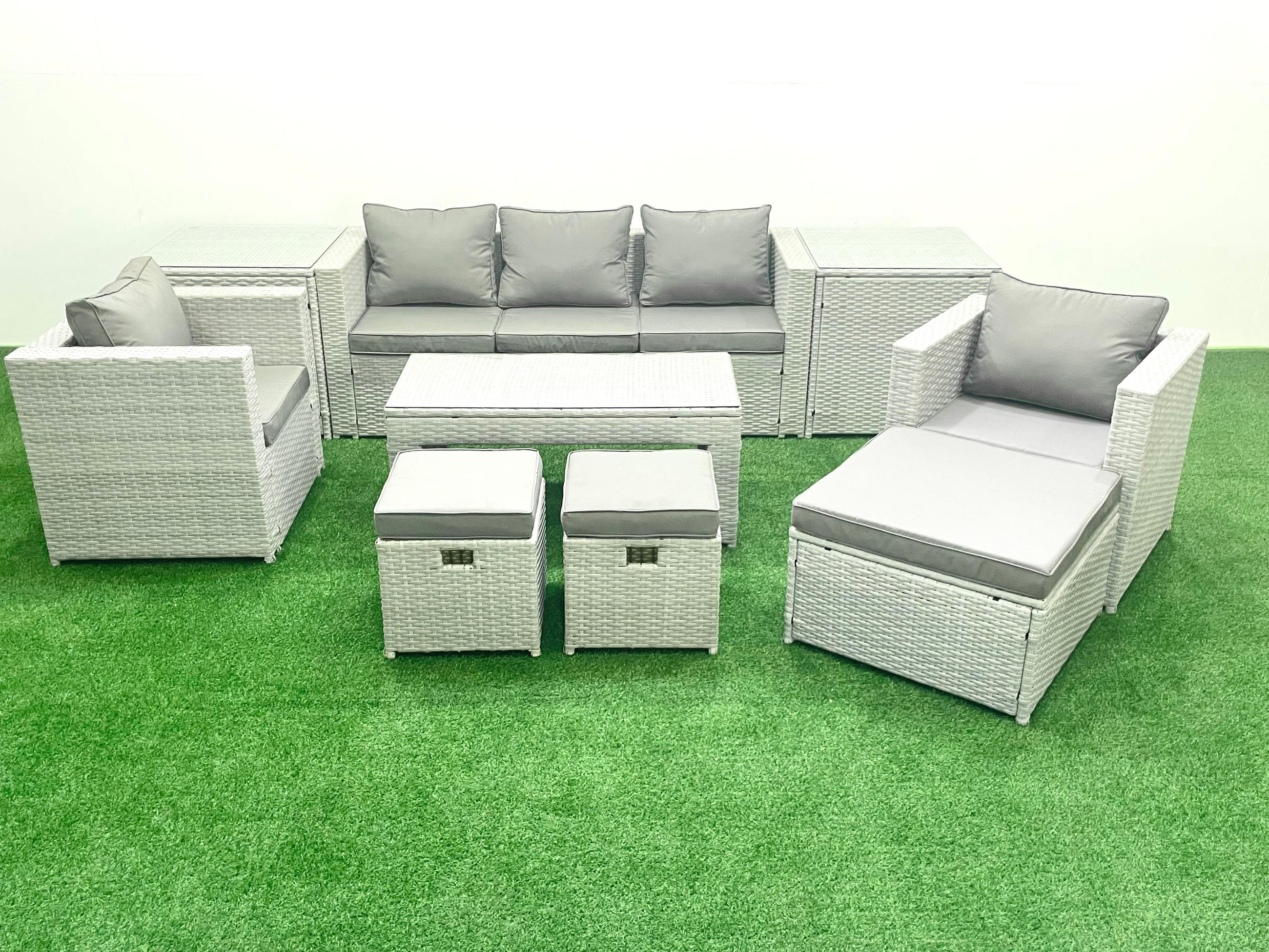 GARTENSET mit 3-SITZER SOFA,COUCHTISCH Polyrattan Hellgrau-Mix 8-Sitzer - Hellgrau/Grau, Glas/Kunststoff - Fimous