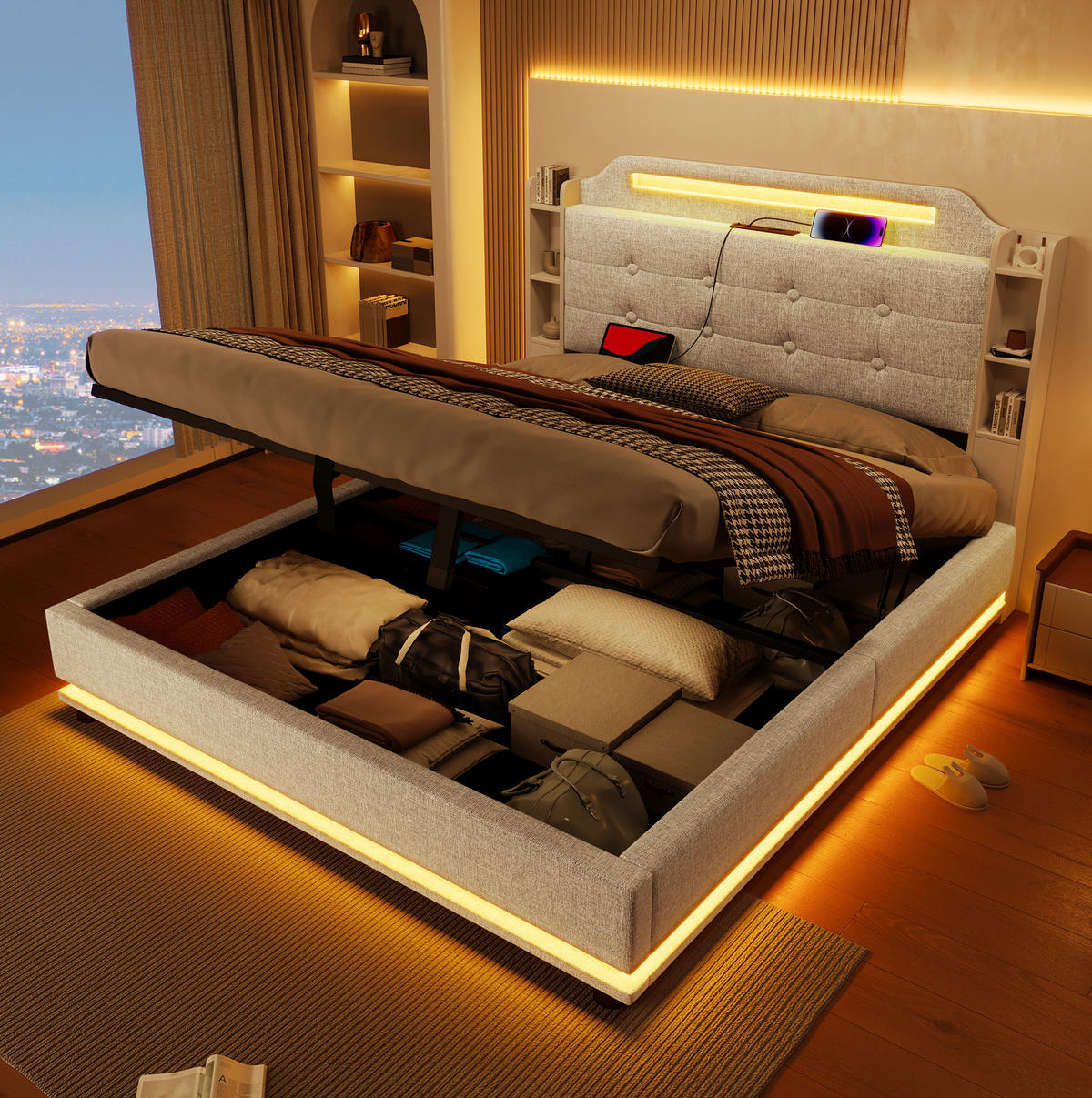 ČALÚNENÁ posteľ z ľanu 140x200 cm béžová s LED osvetlením, USB a C portom, hydraulickým úložným priestorom - béžová, textil (140/200cm) - Modfu