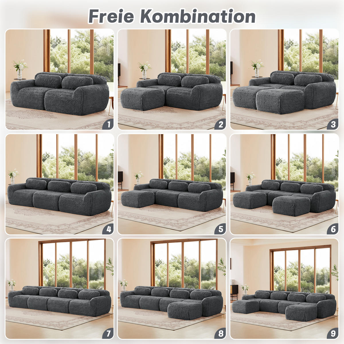 SCHLAFSOFA 3-Sitzer aus Plüschstoff mit 3 Hockern, Grau - Grau, Textil (291/73/179cm)
