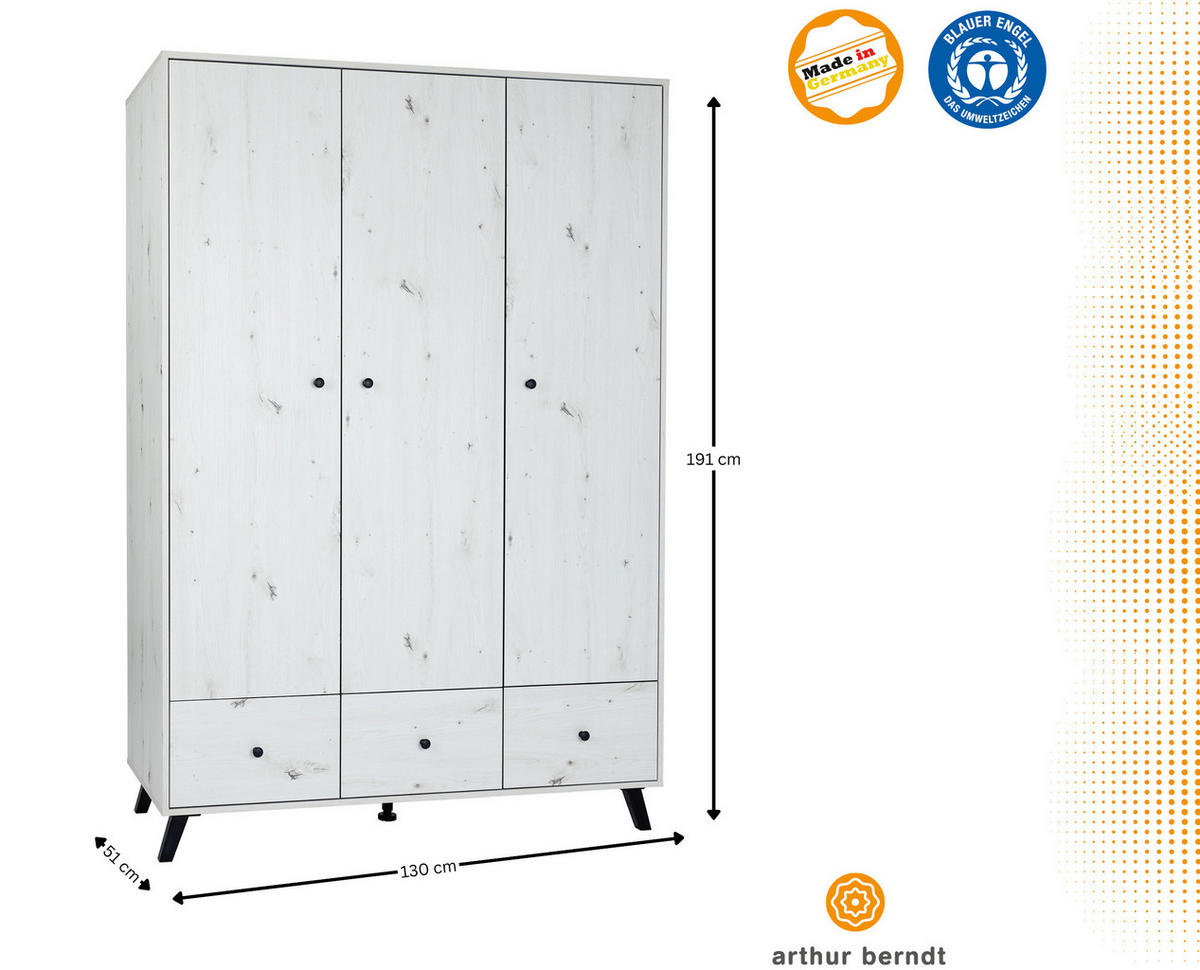 KLEIDERSCHRANK Lavea Landhausstil 130/191/51 cm White Oak - Schwarz/Weiß, Holzwerkstoff/Metall (130/191/51cm) - arthur berndt