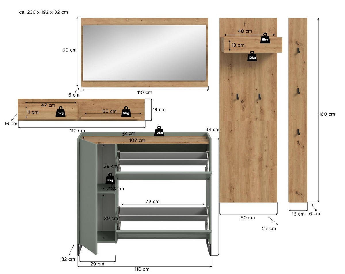 GARDEROBE Flow 5-tlg. (B/H/T: ca. 236/192/32 cm) in Salbei/Salbei - Salbeigrün, Holzwerkstoff (236/192/32cm) - Homes & Jones