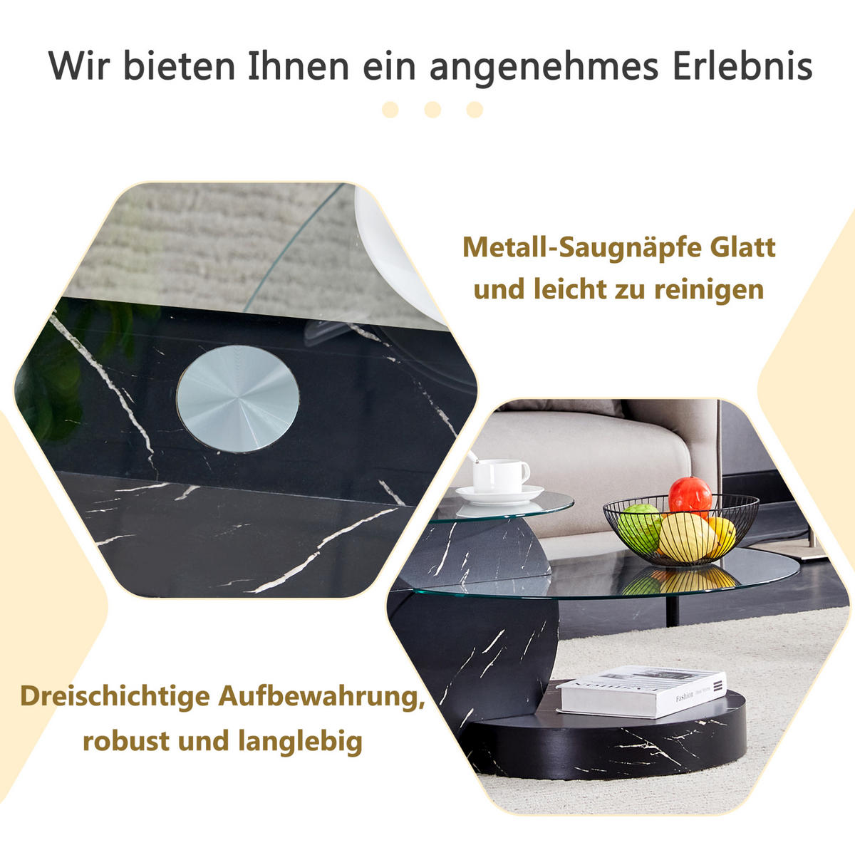 COUCHTISCH aus MDF und Glas Ø49,8/69,8 cm in Schwarz mit Ablagen - Schwarz, Glas (89.9/89.9/43.2cm) - Modfu