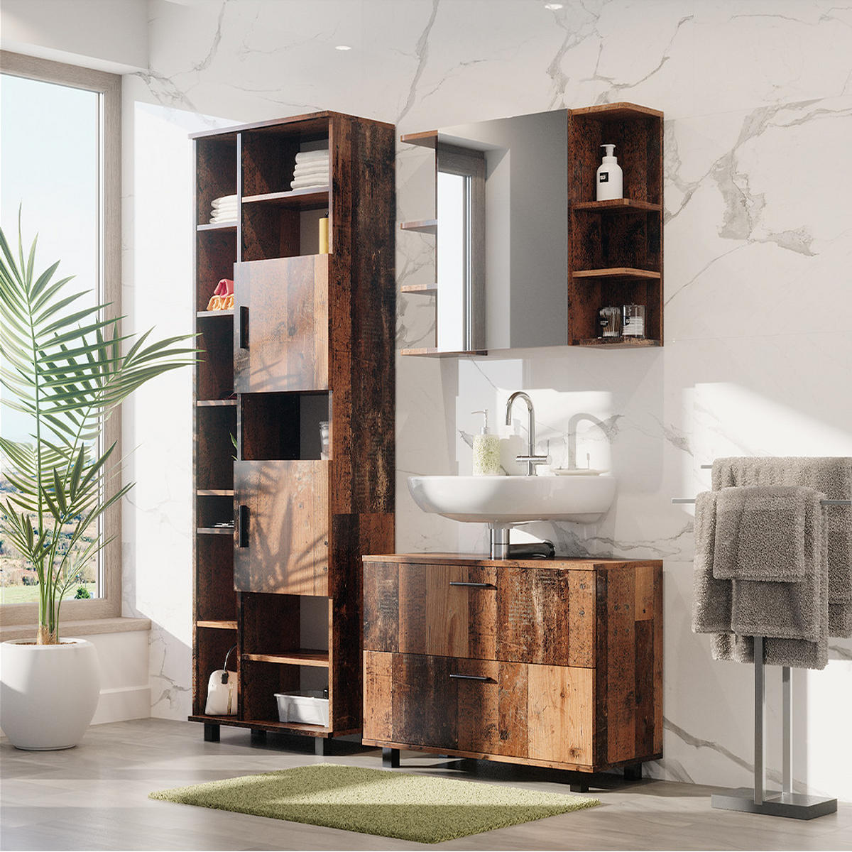 BADMÖBEL-SET Ilias Eiche rustikal 3 Teile, mit Hochschrank - Wildeiche, Holzwerkstoff (80.2/60.8/33cm) - Vicco