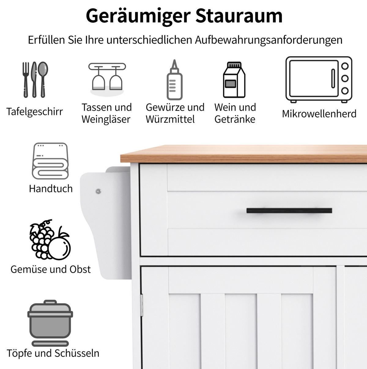 KÜCHENINSEL 129/46(71)/91,5 cm mit klappbarer Arbeitsplatte, Schubladen, Rollen und wechselbaren Füßen, Weiß - Weiß, Holzwerkstoff (120/91.5/46cm) - Redom
