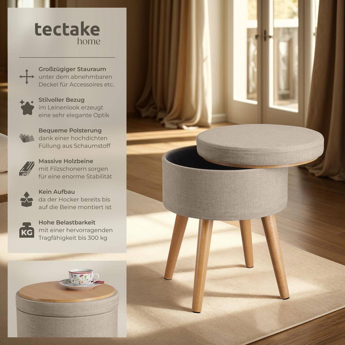 SITZHOCKER mit Stauraum Yara,42,5 x 42,5 x 45,5 cm,Sand - Sandfarben, Holz (42.5/45.5/42.5cm) - tectake