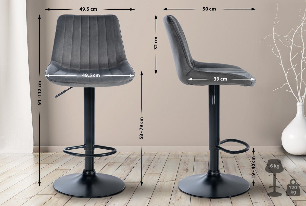 BARHOCKER RIO Dunkelgrau Samt Schwarz - Dunkelgrau, Textil/Metall (49.5/91/50cm) - DELUKE