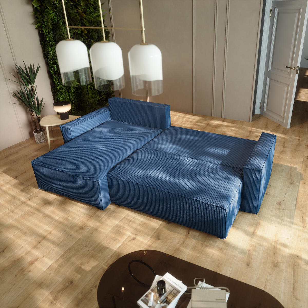 ECKSOFA BESMIR Blau Kordstoff mit Schlaffunktion - Blau, Holz (275/148cm) - MASSENO
