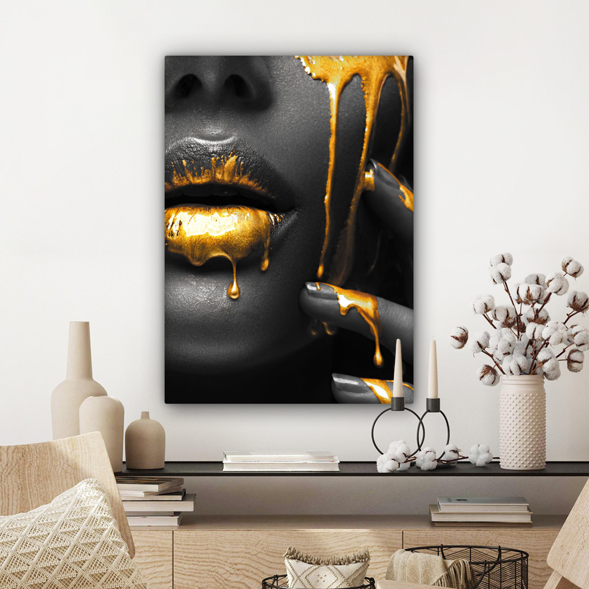 LEINWANDBILD Frau - Schwarz - Gold - Gesicht - Lippen 60x80 cm - Goldfarben, Textil (60/80cm) - MuchoWow