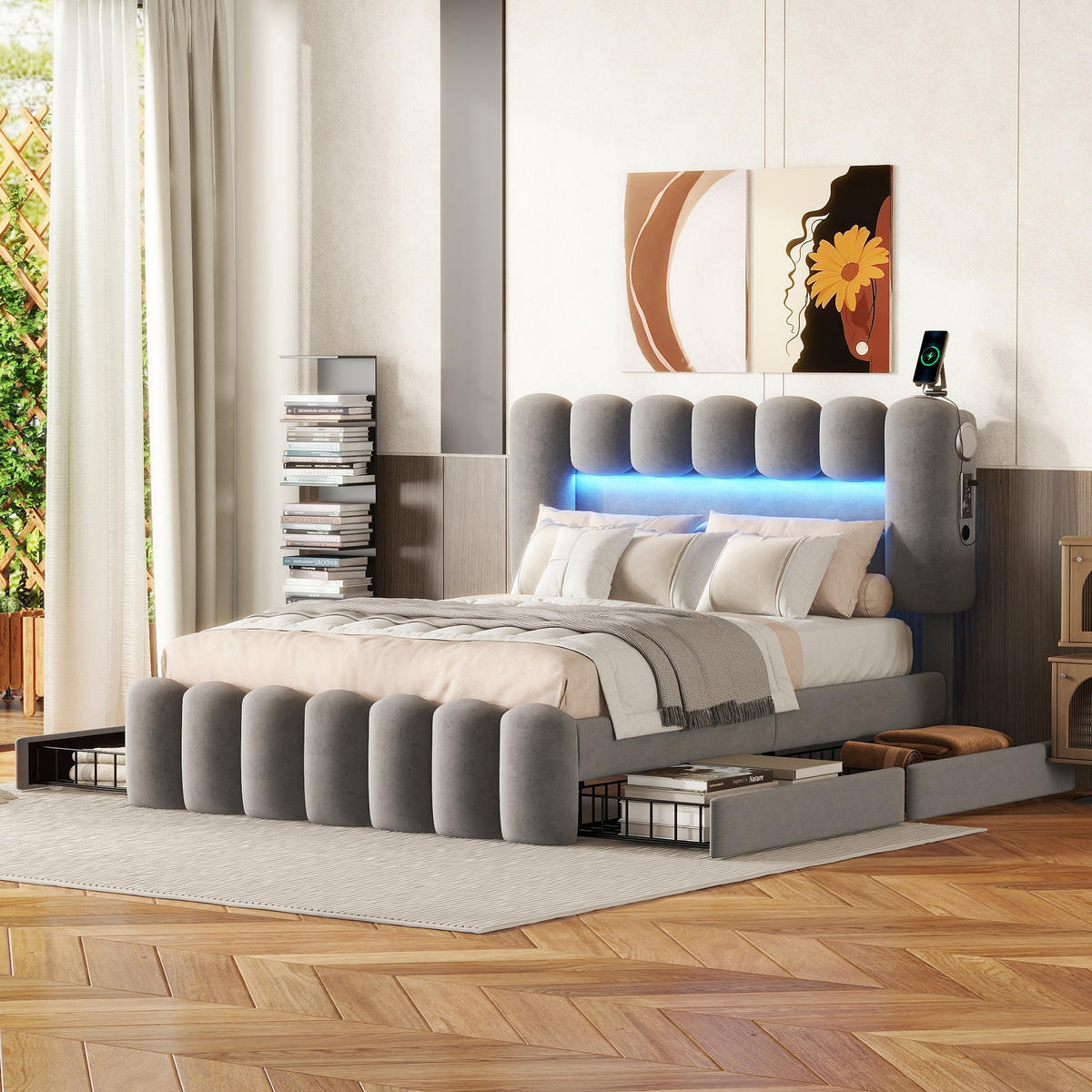 POLSTERBETT 140/200 cm Grau mit 4 Schubladen und LED-Beleuchtung - Grau, Textil (140/200cm) - OKWISH