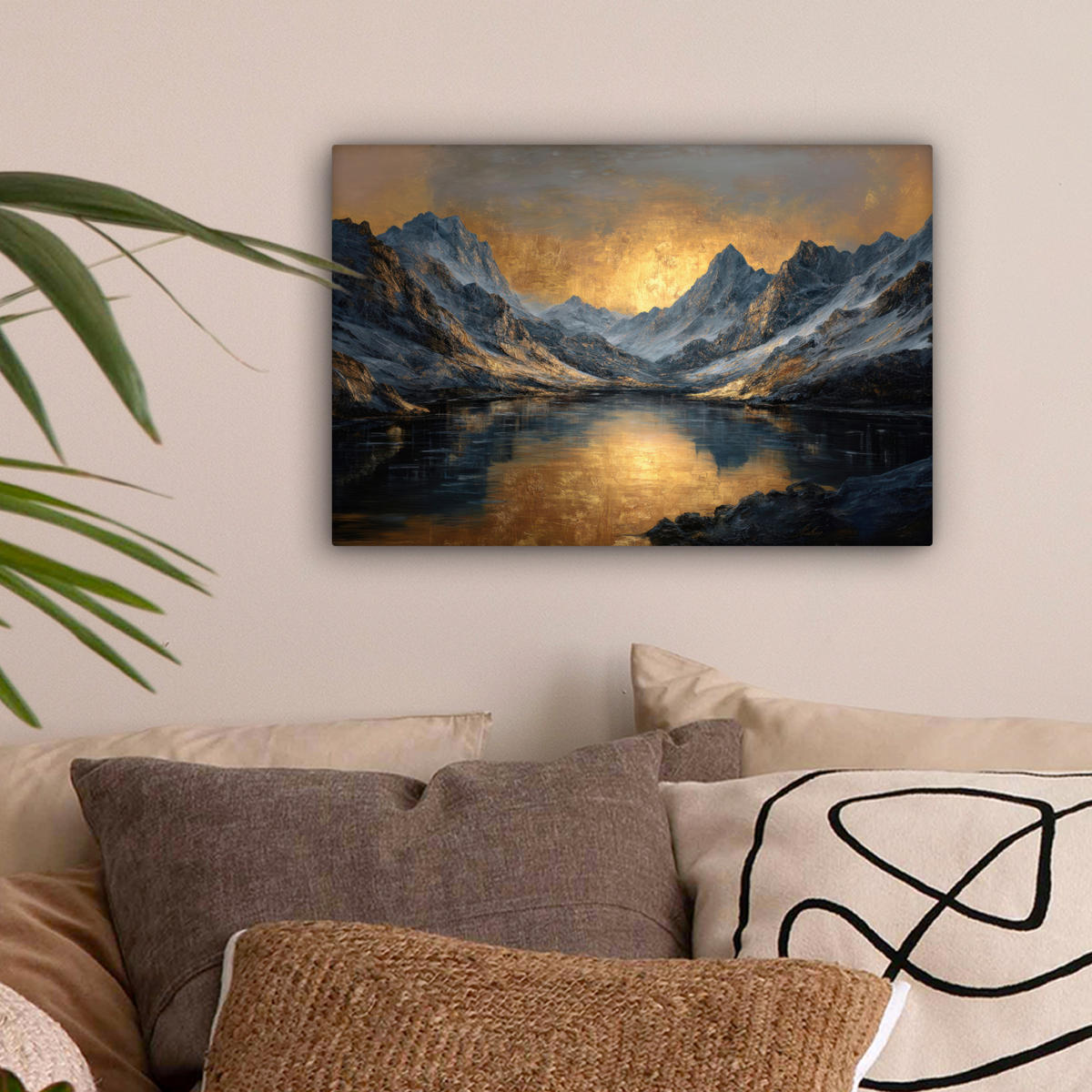 LEINWANDBILD Bergkulisse mit goldenem Sonnenuntergang Deko Schlafzimmer 30x20 cm - Goldfarben, Textil (30/20cm) - MuchoWow