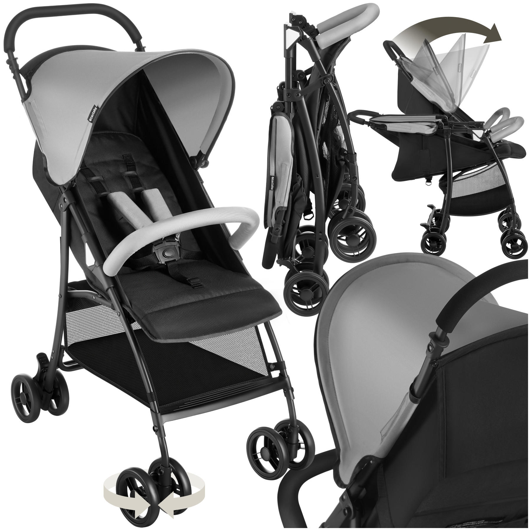 BUGGY Kinderwagen Emma,für 0 bis 36 Monate geeignet, Belastbarkeit 15 kg,schwarz/grau - Schwarz/Grau, Metall (86/45.5/97cm) - tectake
