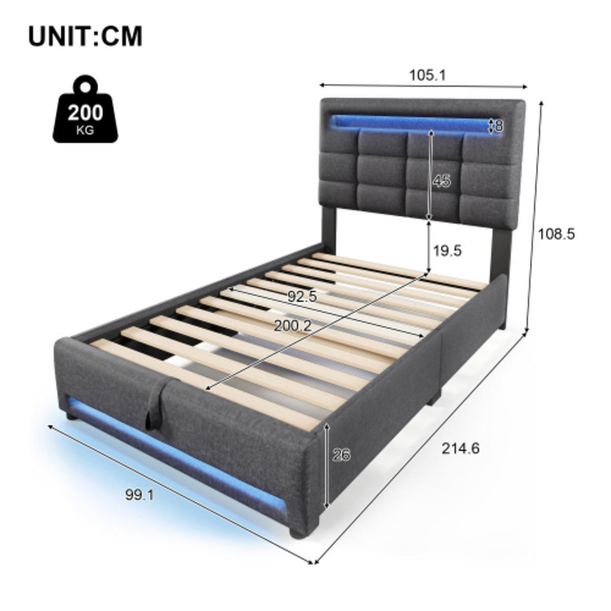 POLSTERBETT 90 × 200 cm mit Leinenbezug, hydraulischem Stauraum, 16-Farben-LED-Leiste und USB-Anschluss, grau - Grau, Textil (90/200cm) - Luhomfu