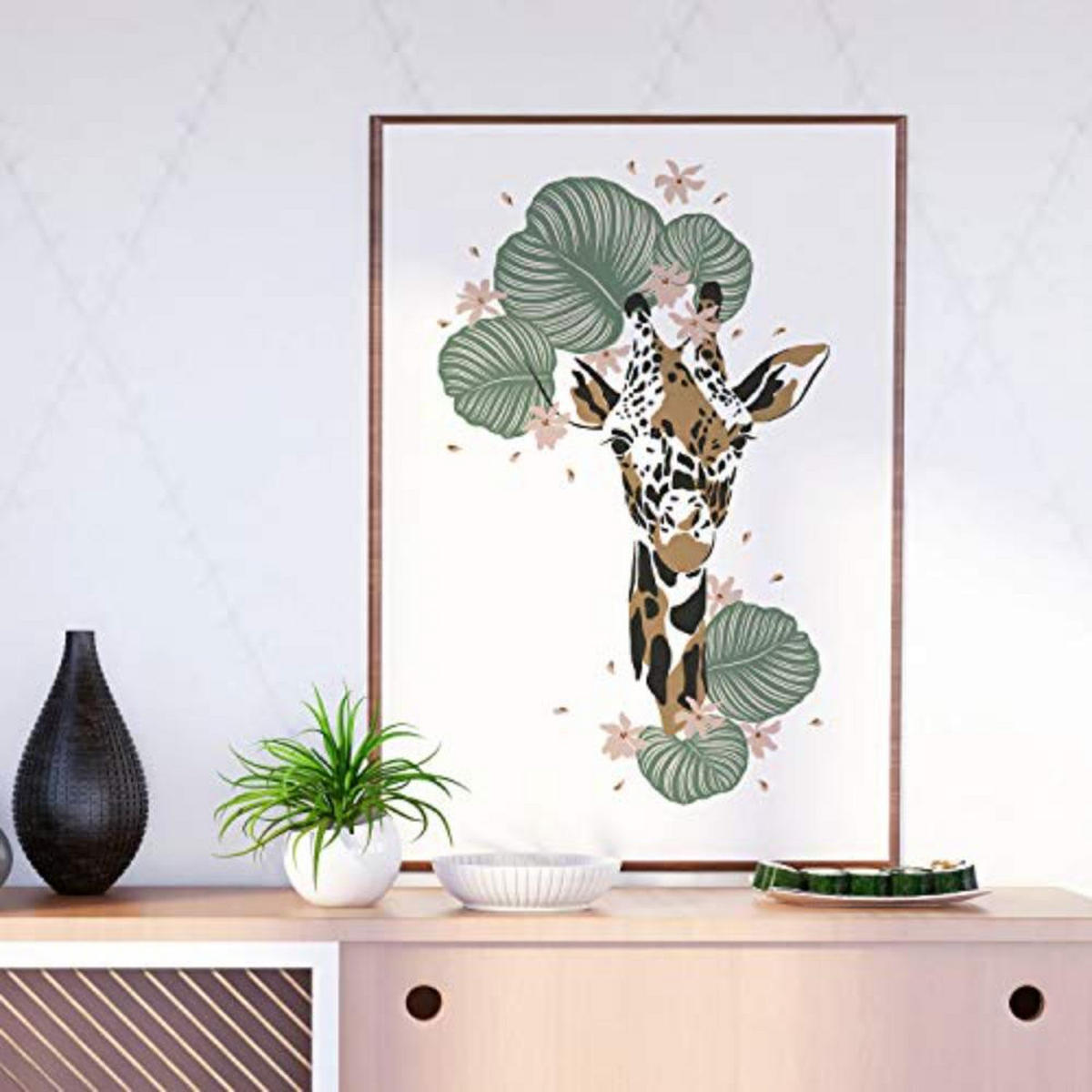 POSTER Set mit 4 GiraffenLeopardblatt, Blumen und Pflanzen vom Dschungel A4 Schwarzer Rahmen - Schwarz, Papier (29.7/3cm) - Nacnic