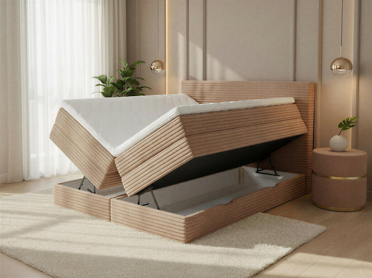 BOXSPRINGBETT Mollo Max - 160x200 - beige (Tilia 03, Cord) - Beige/Schwarz, Holz/Holzwerkstoff (160/200cm) - Sofnet