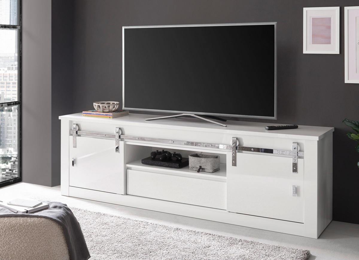 TV-LOWBOARD weiß Hochglanz 201 x 66 cm, TV Unterteil in Komforthöhe mit Soft-Close - Chromfarben/Weiß Hochglanz, Holzwerkstoff/Kunststoff (201/66/43cm) - Furn.Design