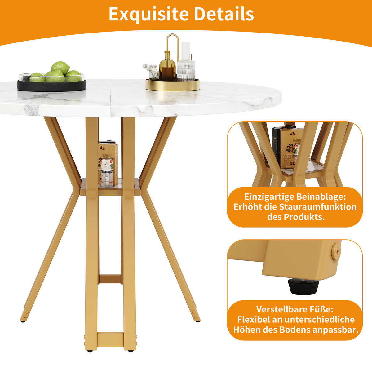 ESSTISCH 100/100/76 cm Gold/Weiß aus MDF und Metall mit verstellbaren Füßen - Weiß, Holzwerkstoff (100/100/76cm) - OKMYHOME