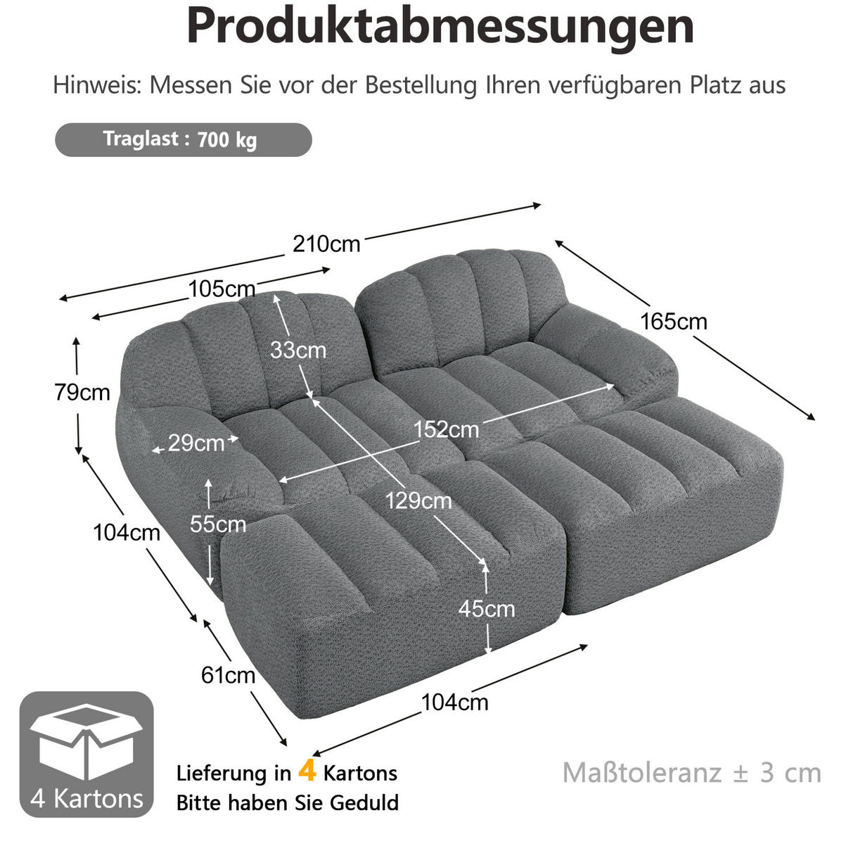 SOFA 210/165/79 cm in Grau aus granuliertem Fleece mit Ottoman - Grau, Textil (165/79/210cm) - Flora Grace