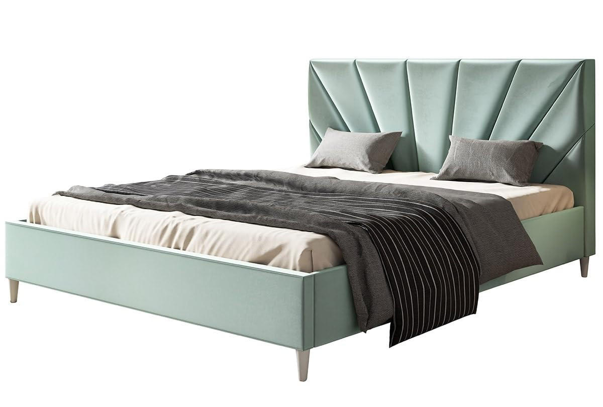 POLSTERBETT LUX Denver mit Kopfteil, 160 x 200 cm, Doppelbett mit Lattenrost aus Holz, Velourstoff Hellgrün, Füße in Farbe: Weiß - Hellgrün, Holz/Textil (160/200cm) - Alpi-Möbel