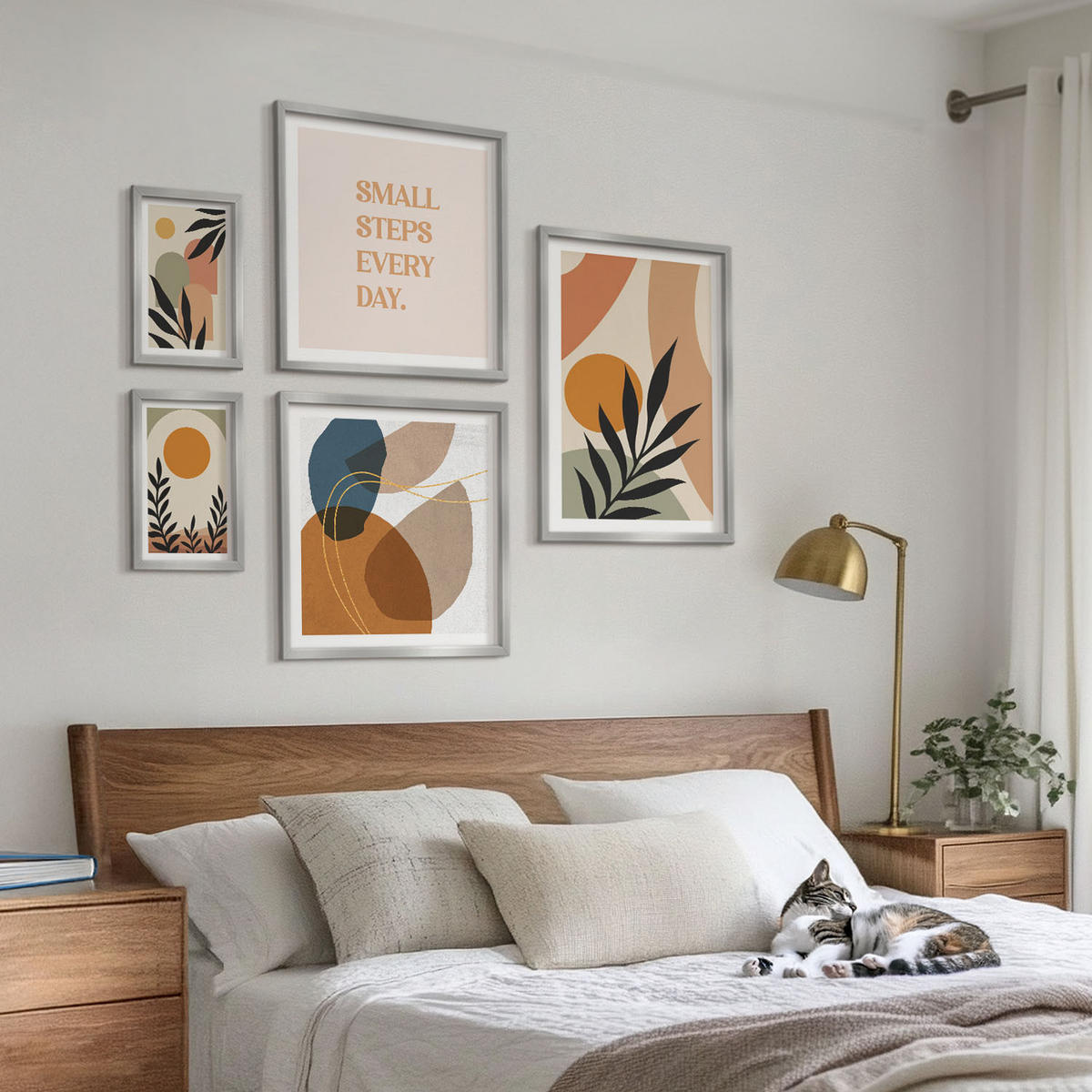 WANDBILDER 5er Set - 50x50 cm & 20x30 cm & 40x60 cm Silberner Rahmen - Moderne Pflanzenmotive - Silberfarben, Kunststoff (40/60cm) - ArtPrintCave
