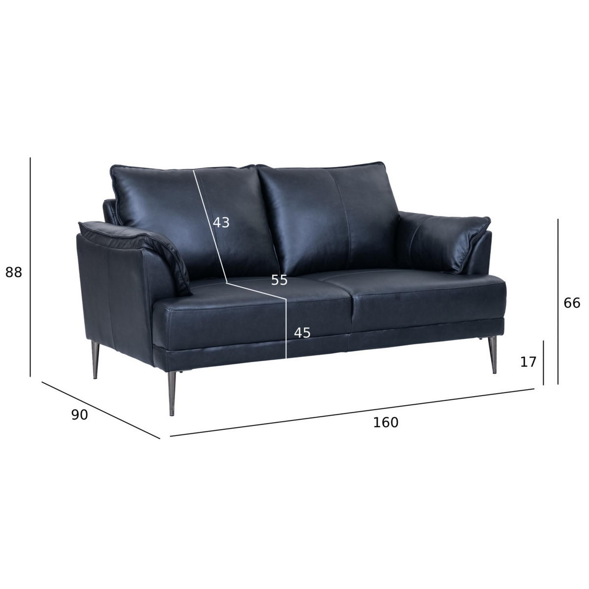 ZWEISITZER-SOFA Echtleder Schwarz - Schwarz, Leder/Metall (160/88/90cm) - Furnhouse