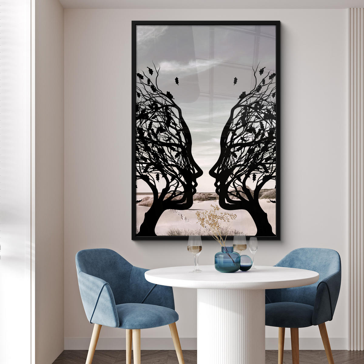 GERAHMTES BILD Strand - Meer - Menschen - Baum - Moderne Kunst 80x120 cm - Hellgrau, Papier (80/120cm) - MuchoWow