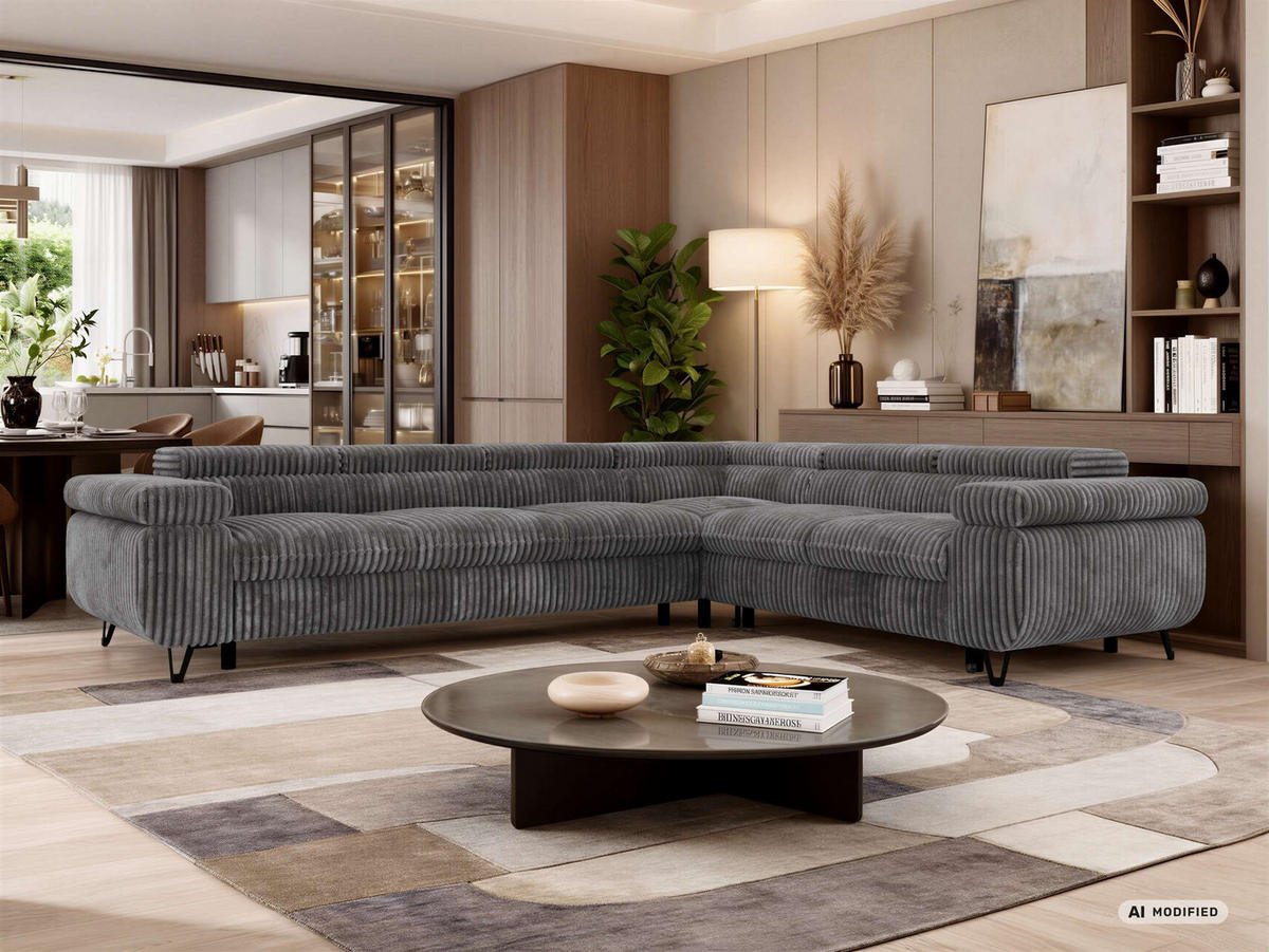 ECKSOFA NORDEN L - Grau Cord - Links Seite - Schwarz/Grau, Textil/Metall (269/329cm) - MKS