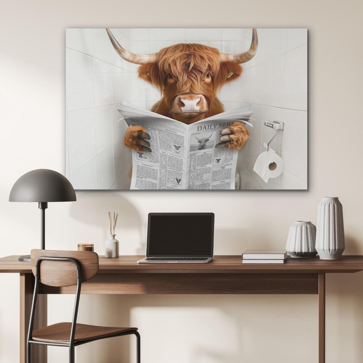 AKUSTIKPANEEL Schottisches Hochlandrind - Tier - Zeitung - Toilette 100x70 cm - Kastanienfarben, Textil (100/0.9/70cm) - MuchoWow