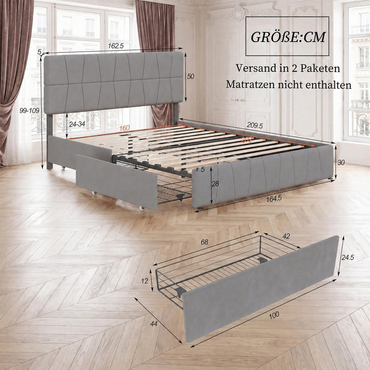 POLSTERBETT 160x200 cm mit 4 Schubladen, Doppelbett 160x200 mit Stauraum, Lattenrost, grauer Samtstoff - Grau, Holz/Holzwerkstoff (160/200cm) - GENKI LIVING