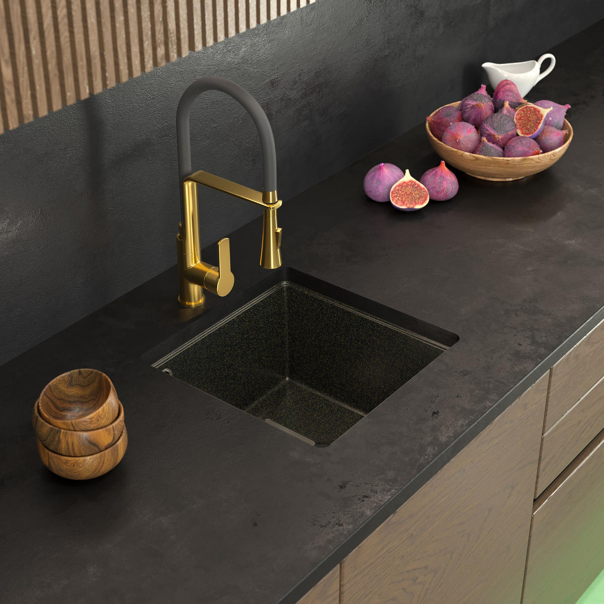 SPÜLBECKEN Napo Schwarz 3-tlg. 42 cm Unterbau Granit mit Armatur Gold - Schwarz, Stein (42/42/20cm) - Granitan