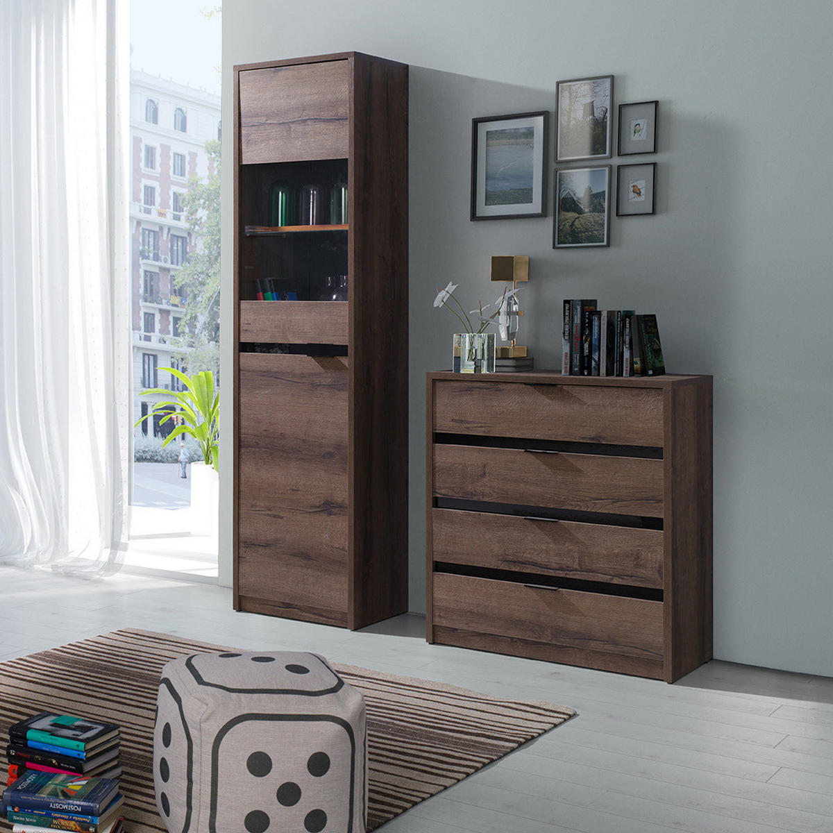 VITRINE Devon mit 2 Türen und 4 Regalböden, Eiche monastery - Eichefarben/Schwarz, Holzwerkstoff/Metall (50/200/40cm) - Beautysofa