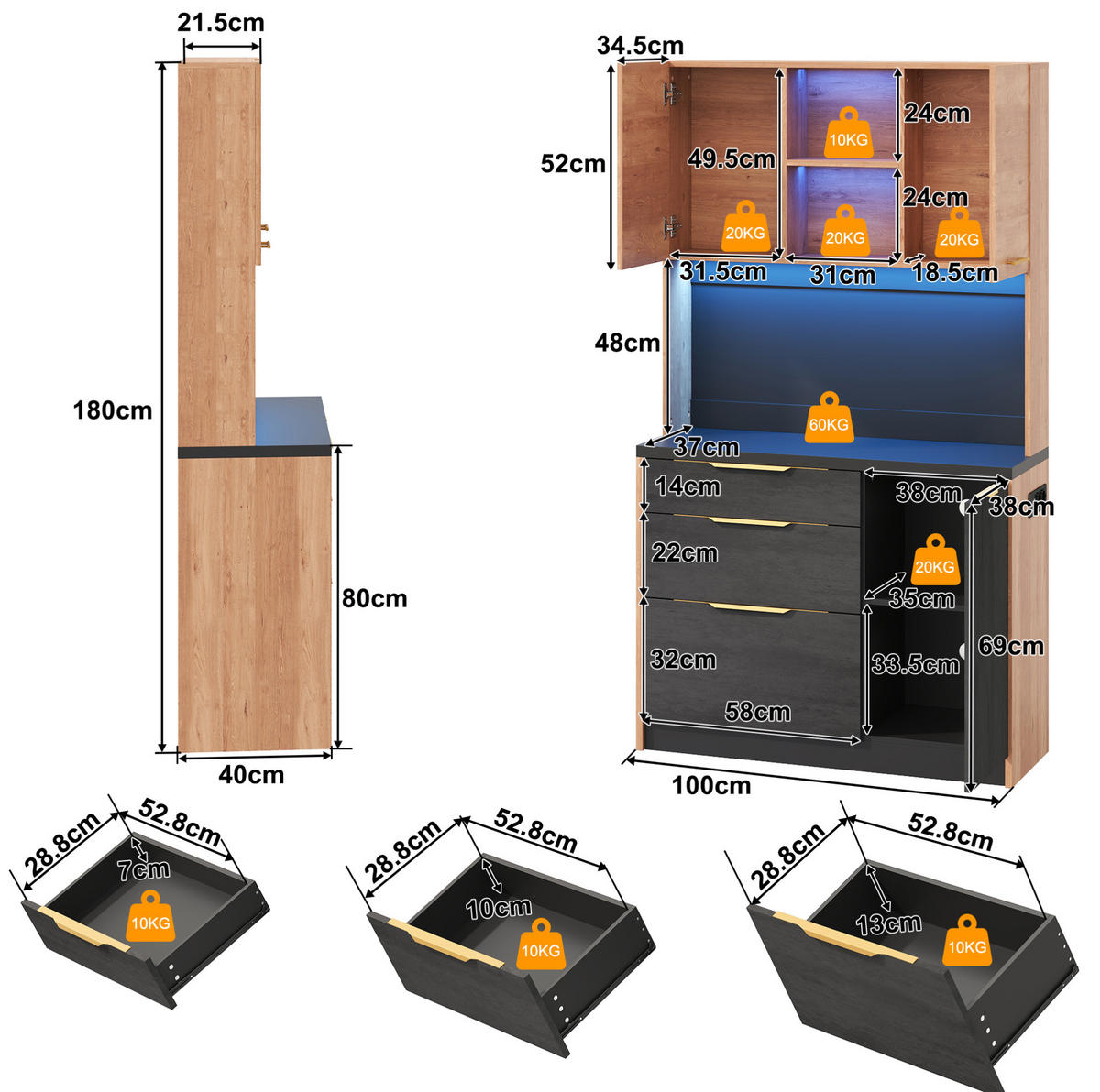 BUFFET 100/40/180 cm neutral aus MDF mit LED - Naturfarben, Holzwerkstoff (100/180/40cm) - OKWISH