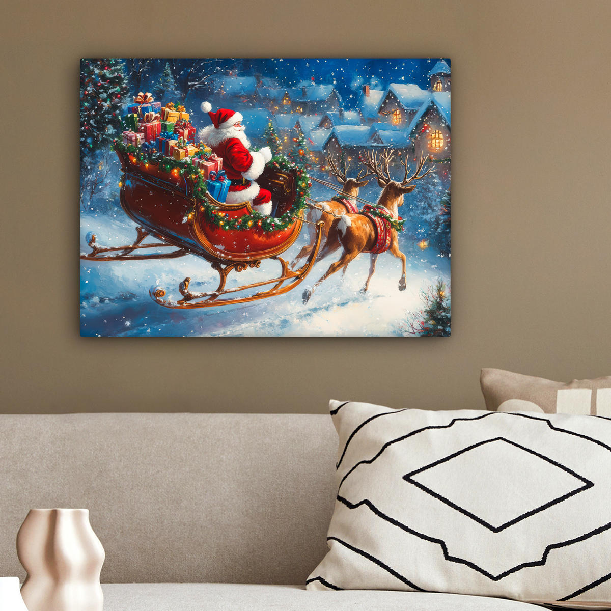 LEINWANDBILD Weihnachtsmann - Rentier - Weihnachten - Schnee 40x30 cm - Cognac, Textil (40/30cm) - MuchoWow