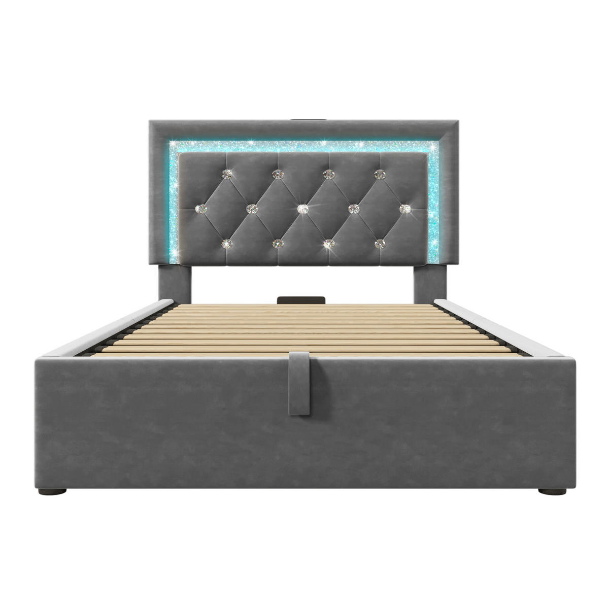 POLSTERBETT 90/200 cm Grau aus Samt mit LED-Beleuchtung und Bettkasten - Grau, Textil (90/200cm) - OKWISH