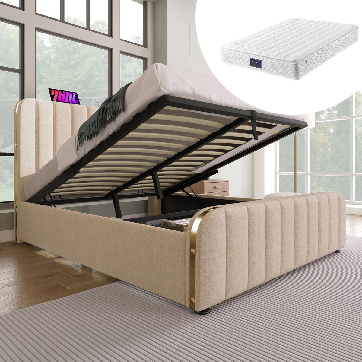 POLSTERBETT mit Stauraum und Matratze 140x200 cm Beige Leinen - Beige, Metall (140/200cm) - Meubliv