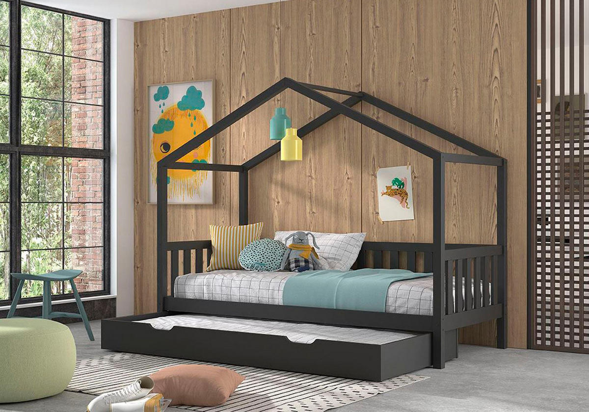 HAUSBETT Kapua 210x170x97 mit Bettschublade Massivholz in Anthrazit - Anthrazit, Holz (90/200cm) - 58aufmkessel