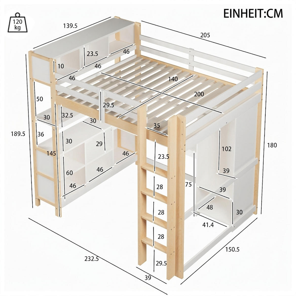 HOCHBETT 140/200 cm Natürlich mit mehrere Ablagefächer, Schreibtisch und Kleiderschrank - Naturfarben, Holz (140/200cm) - Oxeza