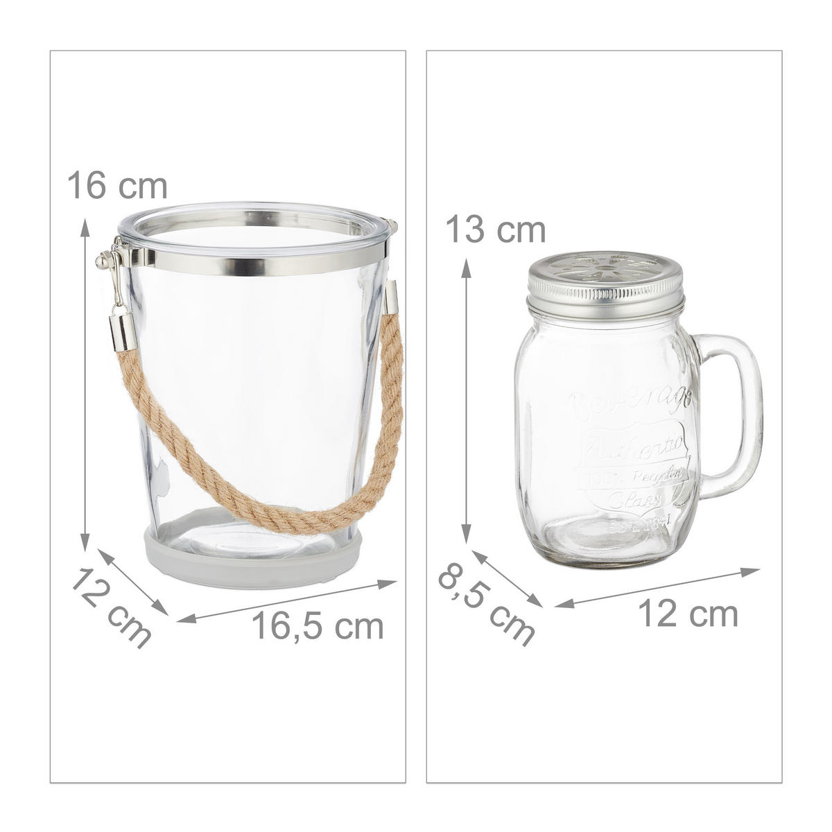 SÚPRAVA pohárov - priehľadné, kov/sklo (16.5/16/12cm) - Relaxdays