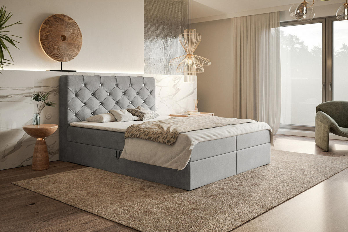 DOPPELBETT mit Matratze 140x200 Polo, Kristallknöpfen, Bettkasten, Hellgrau - Hellgrau, Holz/Textil (140/200cm) - Emporius
