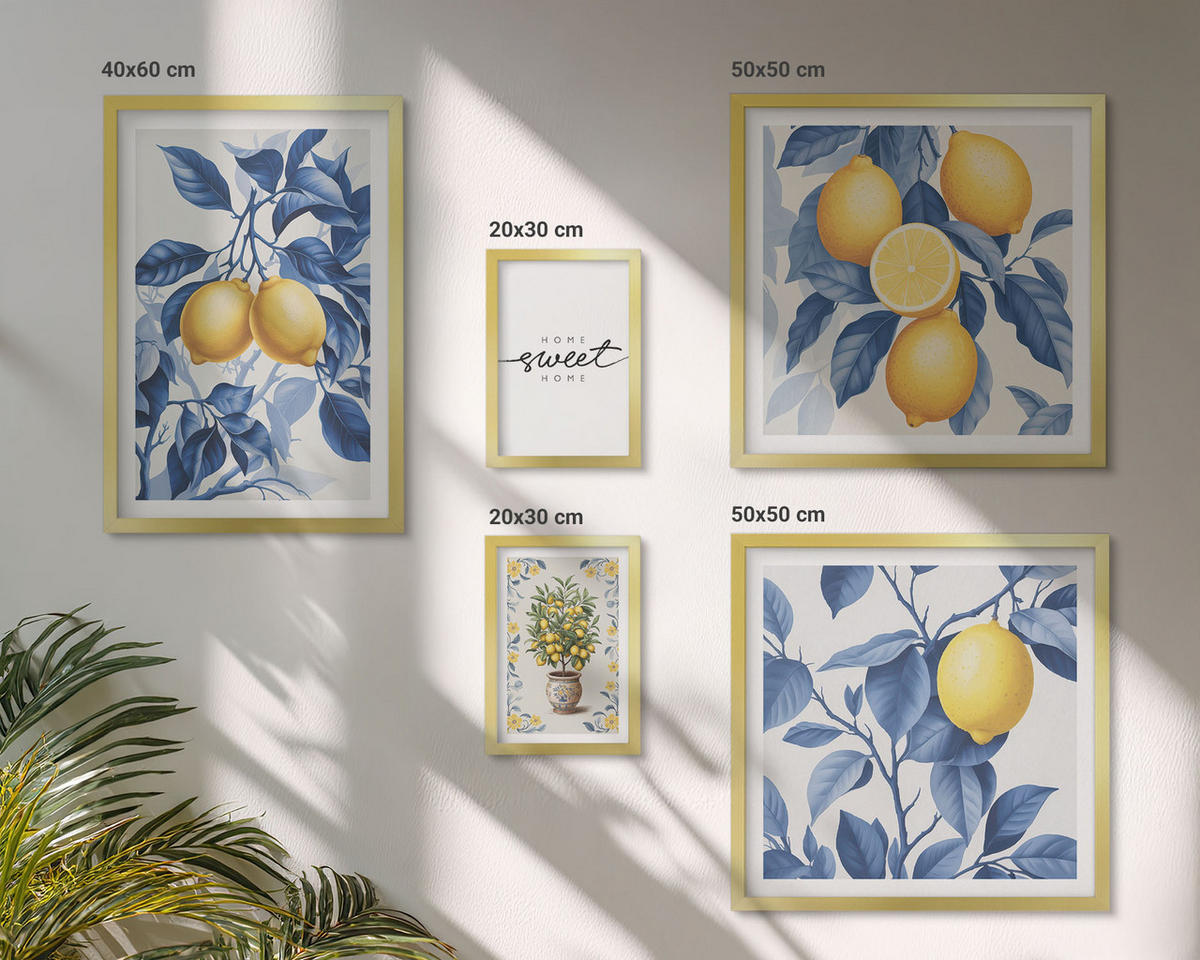 WANDBILDER 5er Set - 50x50 cm & 20x30 cm & 40x60 cm Goldrahmen - Zitronenzweige mit blauen Blättern - Goldfarben, Kunststoff (40/60cm) - ArtPrintCave