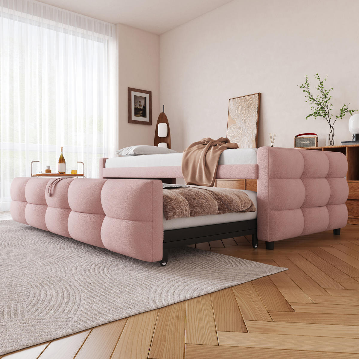 POLSTERBETT 90/190 cm Rosa mit Ausziehbett - Rosa, Textil (90/190cm) - Oxeza