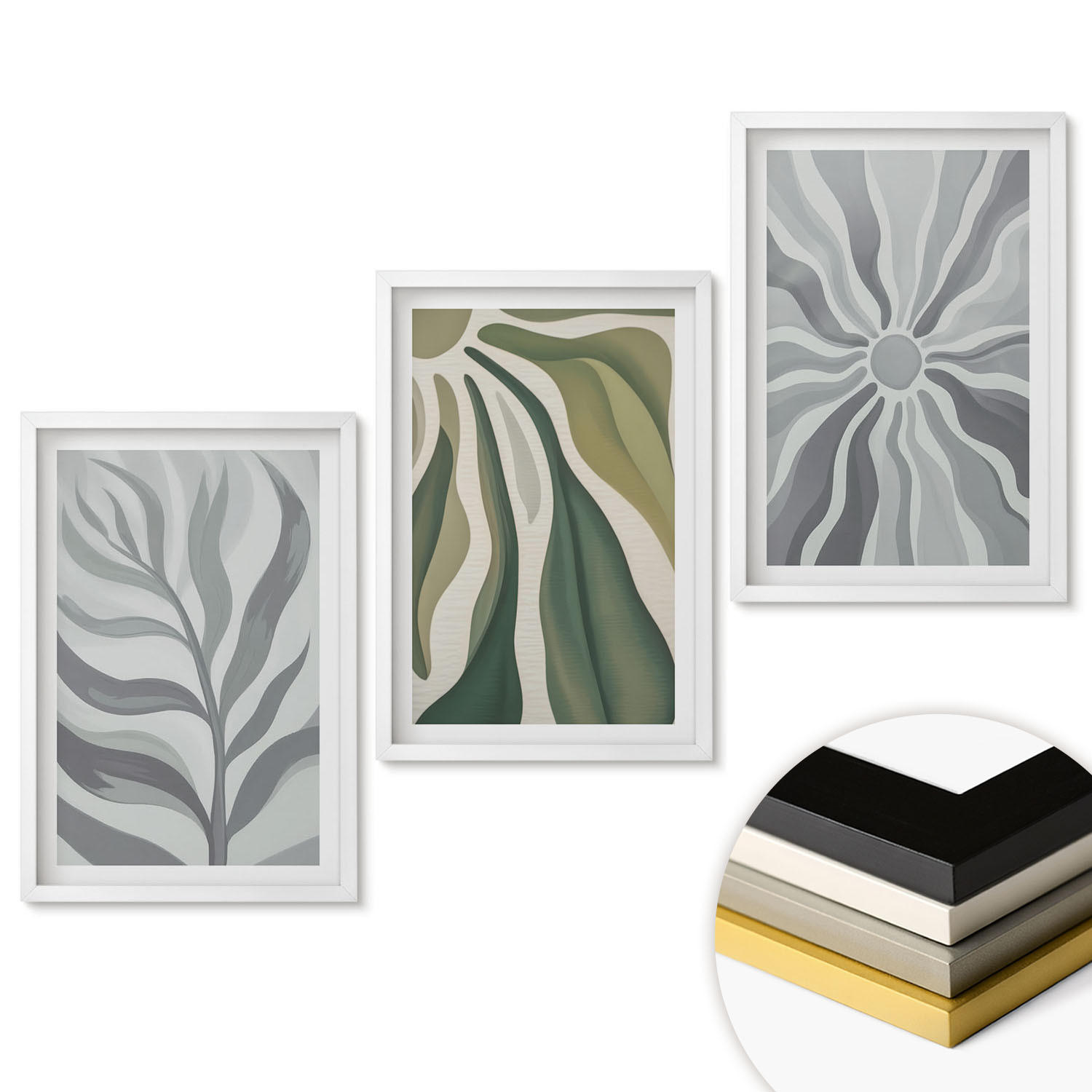 WANDBILDER 3er-Set - 40x60 cm Weißer Rahmen - Pflanzenmuster in Grün - Weiß, Kunststoff (40/60cm) - ArtPrintCave