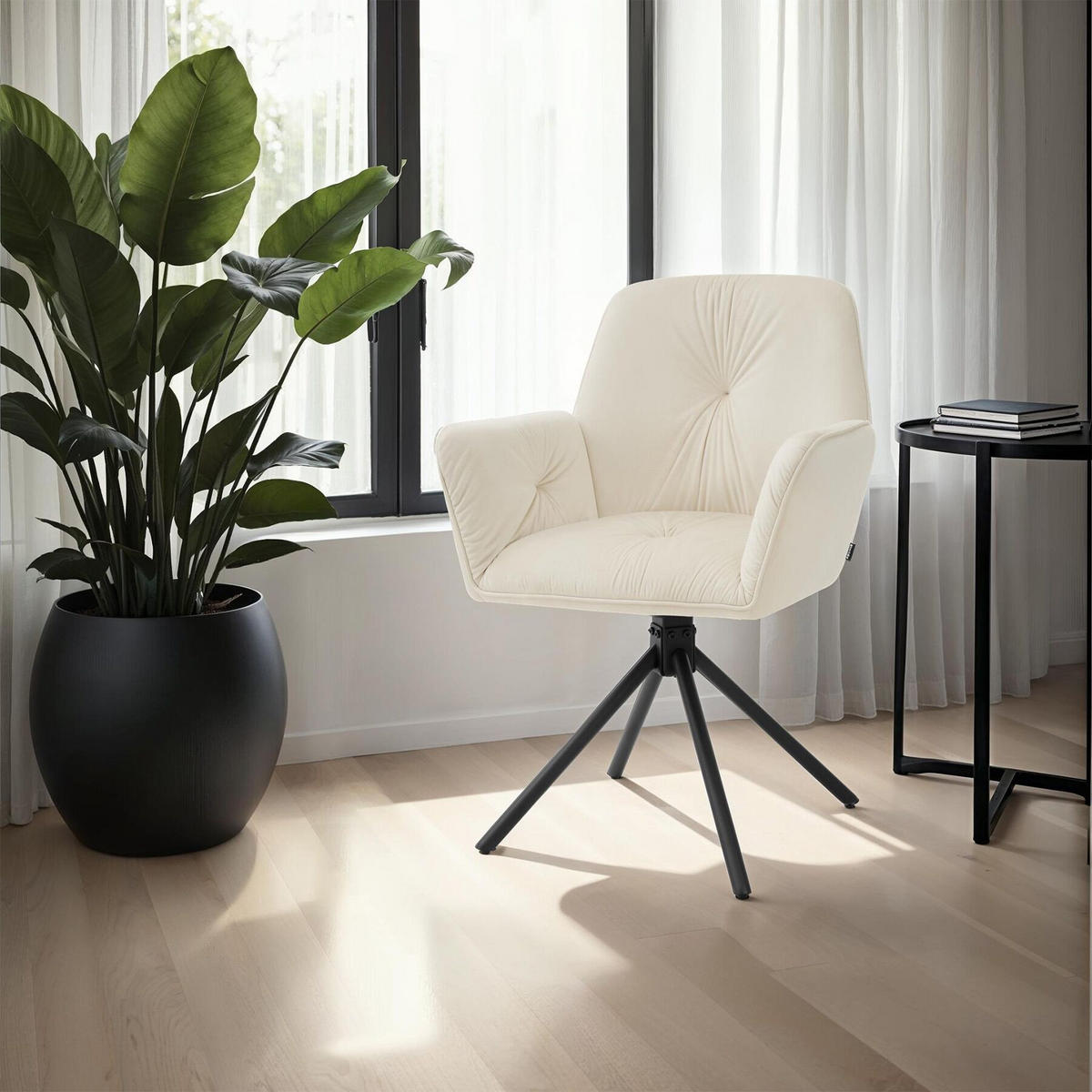 ARMLEHNSTUHL Drehbar Lenia,56,5 x 54 x 86 cm,Samtoptik creme/schwarz - Schwarz/Samtahornfarben, Kunststoff (56.5/86/54cm) - tectake